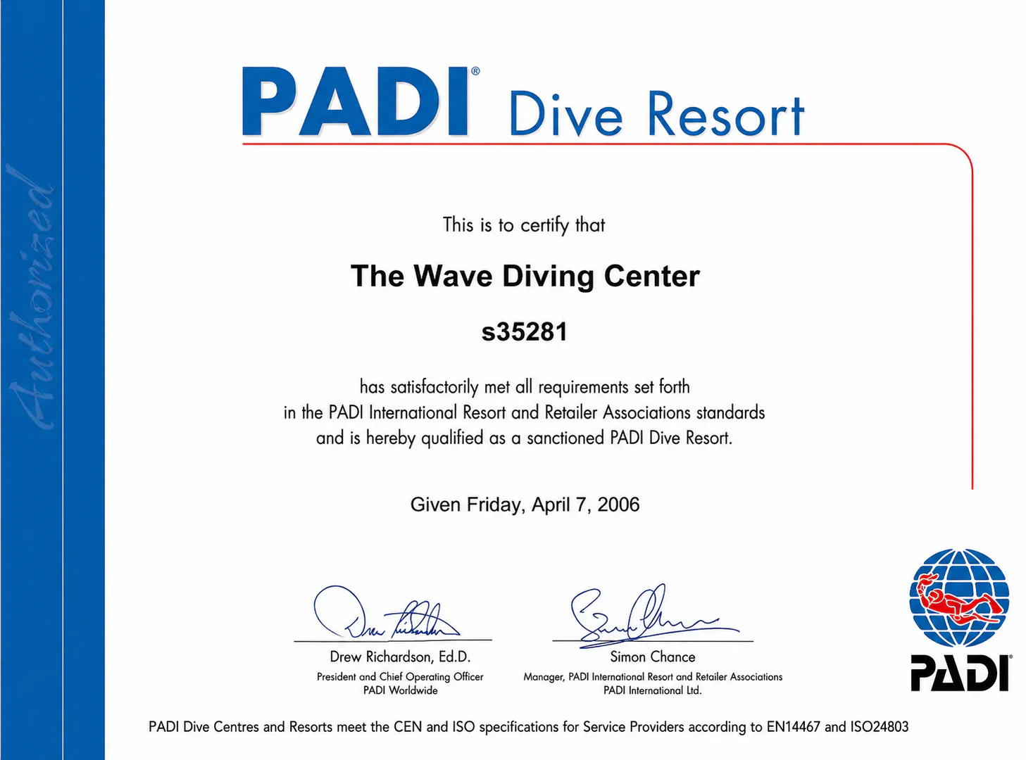 PADI Dive Resort certificate awarded to The Wave Diving Center