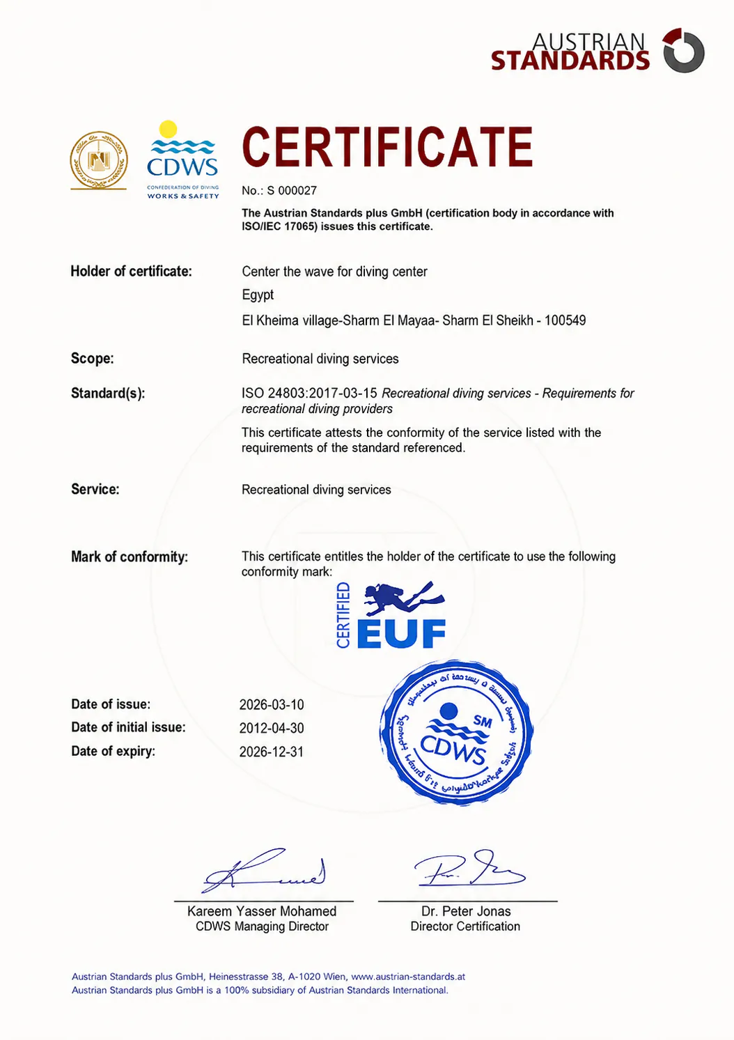 EUF ISO 24803 recreational diving services certificate